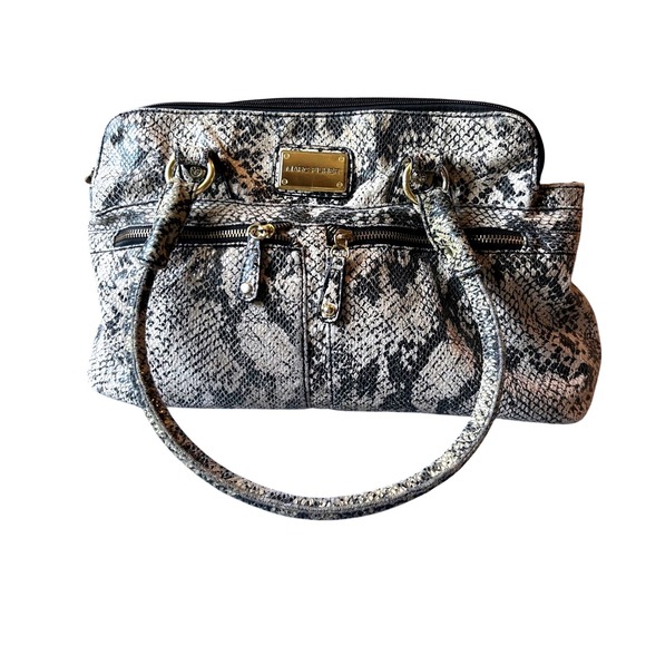 Marc Fisher Snakeskin Satchel Shoulder Bag Top Handle Compartments Beige Gray - Picture 1 of 10